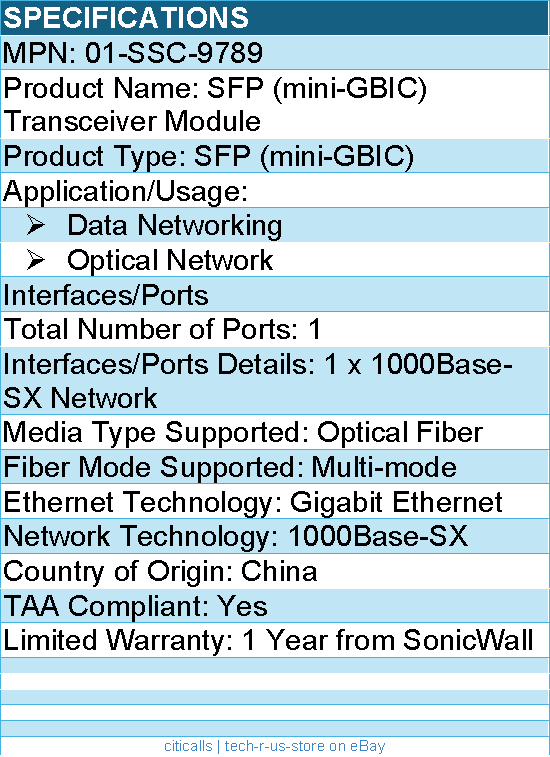 SonicWALL 01-SSC-9789 1GB-SX SFP Short Haul Fiber - SFP (mini-GBIC)