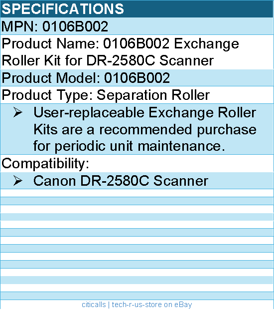 Canon 0106B002 Exchange Roller Kit for DR-2580C Scanner