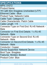 C2G 01072 1ft Cat6 Ethernet Cable - Slim - Snagless Unshielded (UTP) - Blue