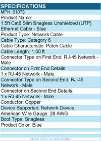 C2G 01073 1.5ft Cat6 Ethernet Cable - Slim - Snagless Unshielded (UTP) - Blue