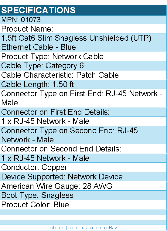C2G 01073 1.5ft Cat6 Ethernet Cable - Slim - Snagless Unshielded (UTP) - Blue