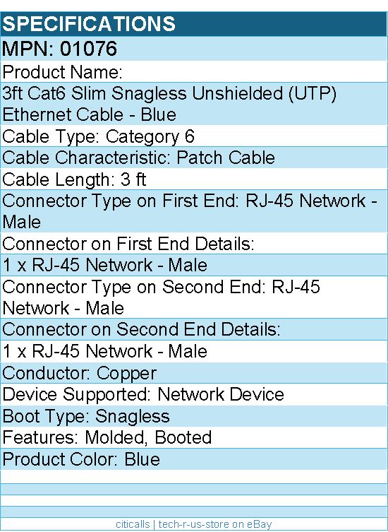 C2G 01076 3ft Cat6 Ethernet Cable - Slim - Snagless Unshielded (UTP) - Blue