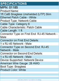 C2G 01185 1ft Cat6 Snagless Unshielded (UTP) Slim Ethernet Patch Cable - White