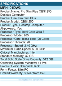 Dell 01DW3 Pro Slim Plus Desktop Computer - Intel Core Ultra 7 - Slim PC