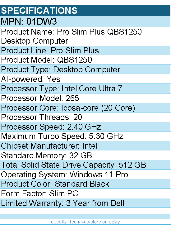 Dell 01DW3 Pro Slim Plus Desktop Computer - Intel Core Ultra 7 - Slim PC
