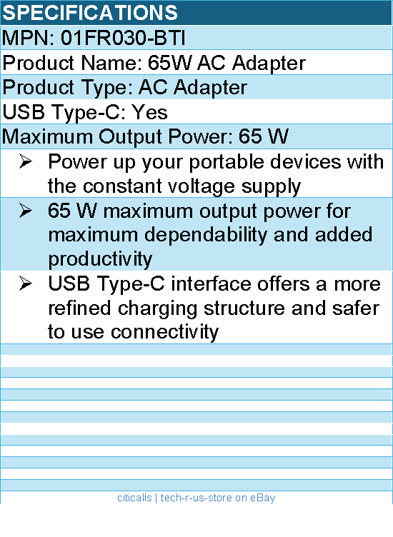 BTI 01FR030-BTI 65W TYPE-C AC ADAPTER - Compatible OEM: 01FR030