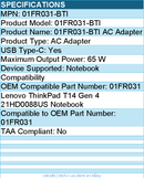 BTI 01FR031-BTI 65W TYPE-C AC ADAPTER - Compatible OEM: 01FR031