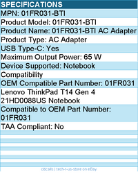 BTI 01FR031-BTI 65W TYPE-C AC ADAPTER - Compatible OEM: 01FR031