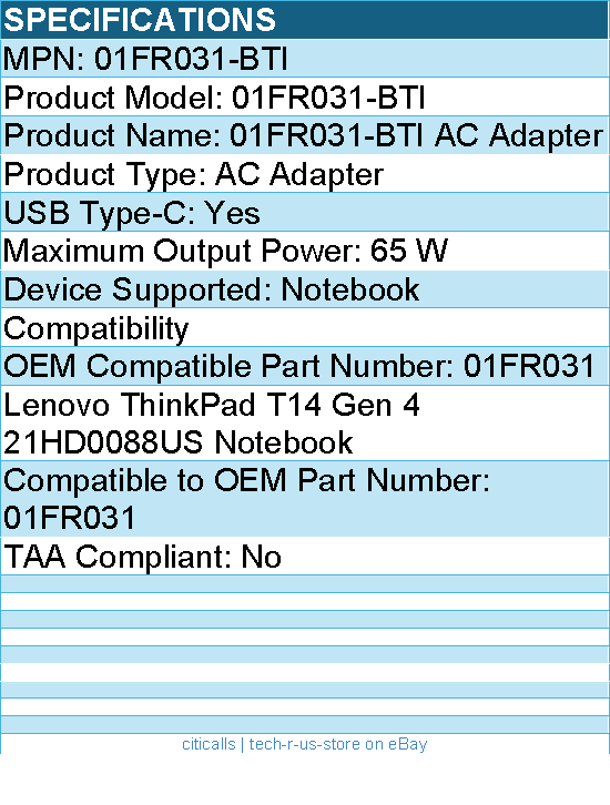 BTI 01FR031-BTI 65W TYPE-C AC ADAPTER - Compatible OEM: 01FR031