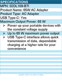 BTI 02DL109-BTI 65W TYPE-C AC ADAPTER - Compatible OEM: 02DL109