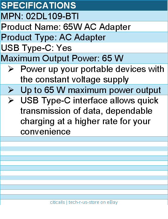 BTI 02DL109-BTI 65W TYPE-C AC ADAPTER - Compatible OEM: 02DL109