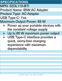 Bti 02DL110-BTI TYPE-C AC Adapter - 65 W maximum output power