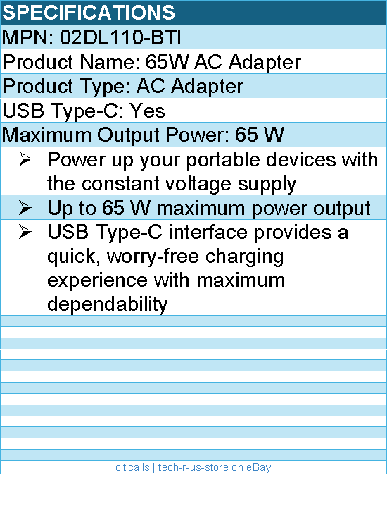 Bti 02DL110-BTI TYPE-C AC Adapter - 65 W maximum output power
