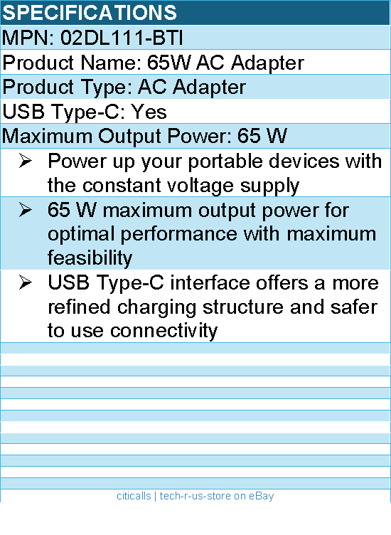 BTI 02DL111-BTI 65W TYPE-C AC ADAPTER - Compatible OEM: 02DL111