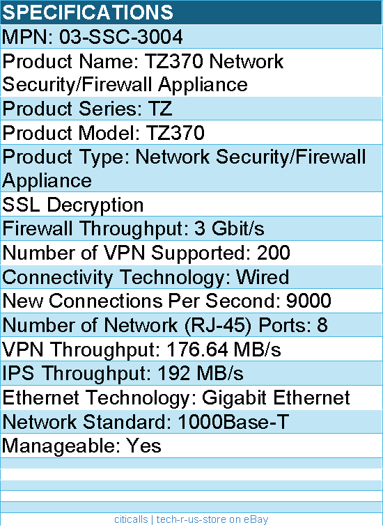 SonicWall 03-SSC-3004 TZ370 Network Security/Firewall Appliance
