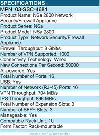 SonicWall 03-SSC-4681 NSa 2800 Network Security/Firewall Appliance