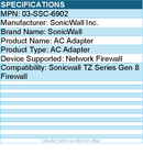SonicWall 03-SSC-6902 AC Adapter For Network Firewall