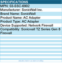 SonicWall 03-SSC-6902 AC Adapter For Network Firewall