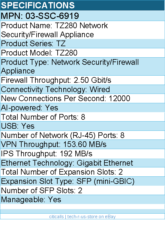 SonicWall 03-SSC-6919 TZ280 Network Security/Firewall Appliance