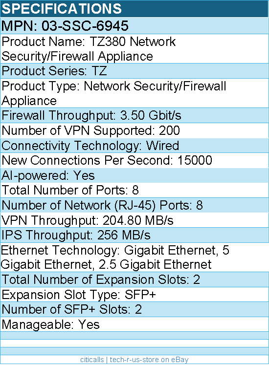 SonicWall 03-SSC-6945 TZ380 Network Security/Firewall Appliance