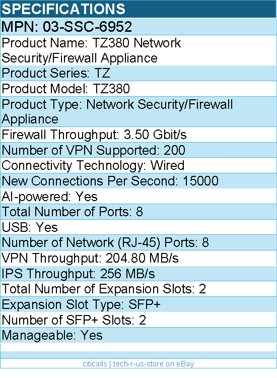 SonicWall 03-SSC-6952 TZ380 Network Security/Firewall Appliance