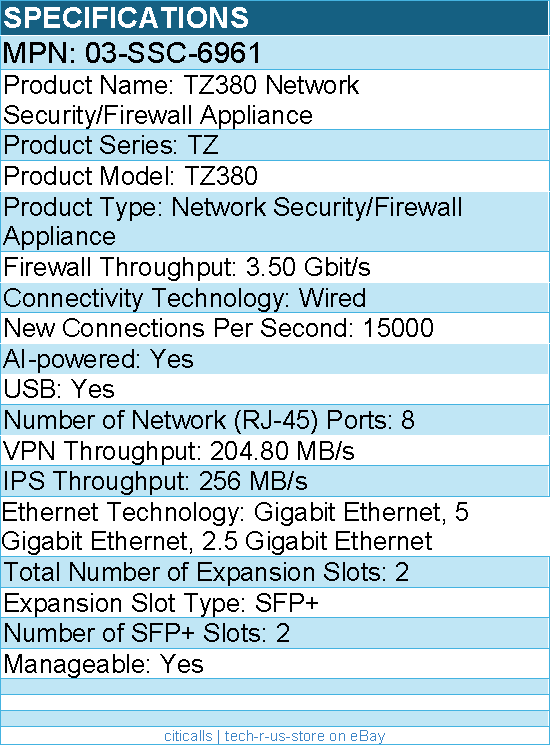 SonicWall 03-SSC-6961 TZ380 Network Security/Firewall Appliance