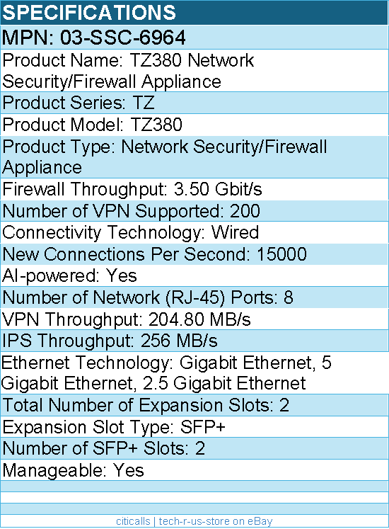SonicWall 03-SSC-6964 TZ380 Network Security/Firewall Appliance