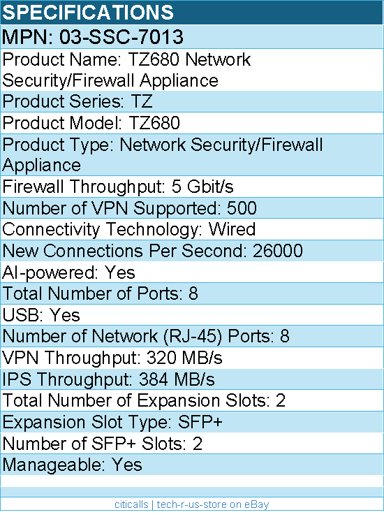 SonicWall 03-SSC-7013 TZ680 Network Security/Firewall Appliance