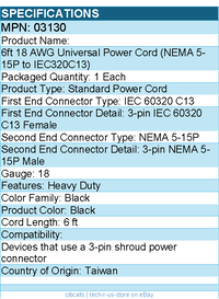 C2G 03130 6ft Power Cord - 18 AWG - NEMA 5-15P to IEC320C13 - Black