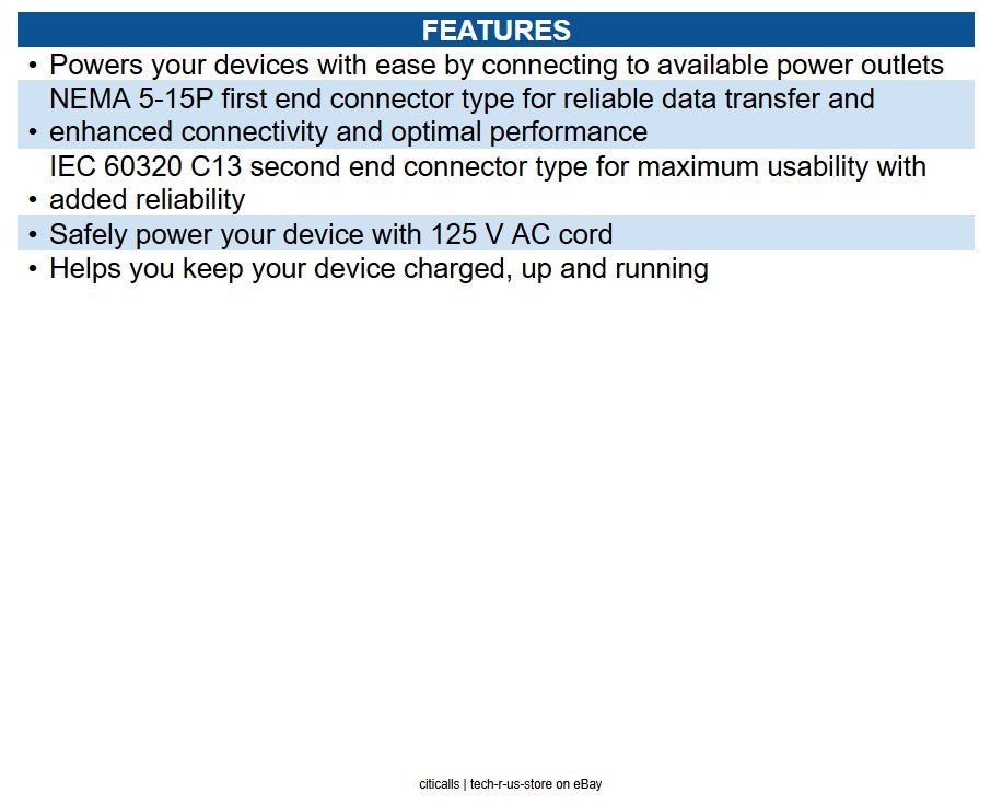 CablesToGo 03134 10ft Power Cord 18 AWG - NEMA 5-15P to IEC320C13