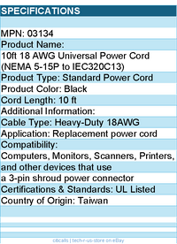 C2G 03134 10ft Power Cord - 18 AWG - NEMA 5-15P to IEC320C13 - Black