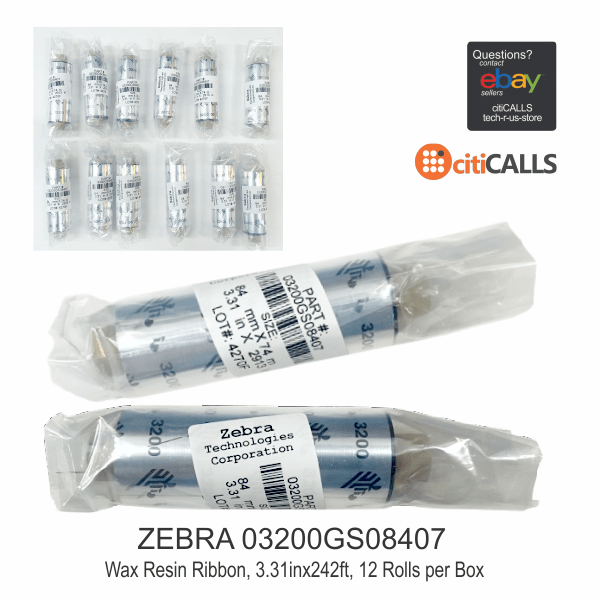 Zebra 03200GS08407 Wax Resin Ribbon 3.31"x242ft 3200 0.5in Core (12 Rolls)