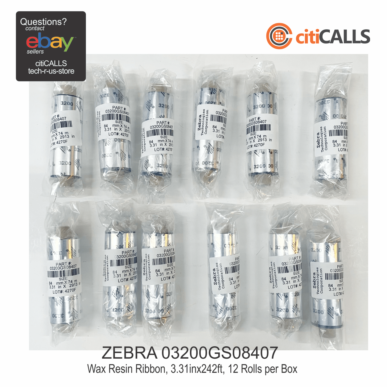 Zebra 03200GS08407 Wax Resin Ribbon 3.31"x242ft 3200 0.5in Core (12 Rolls)