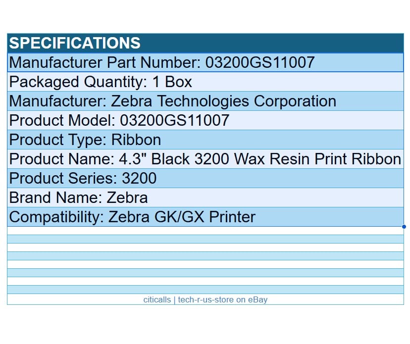 Zebra 03200GS11007 Wax Resin High Perf Resin Ribbon 4.33inx242ft 3200 12 Rolls