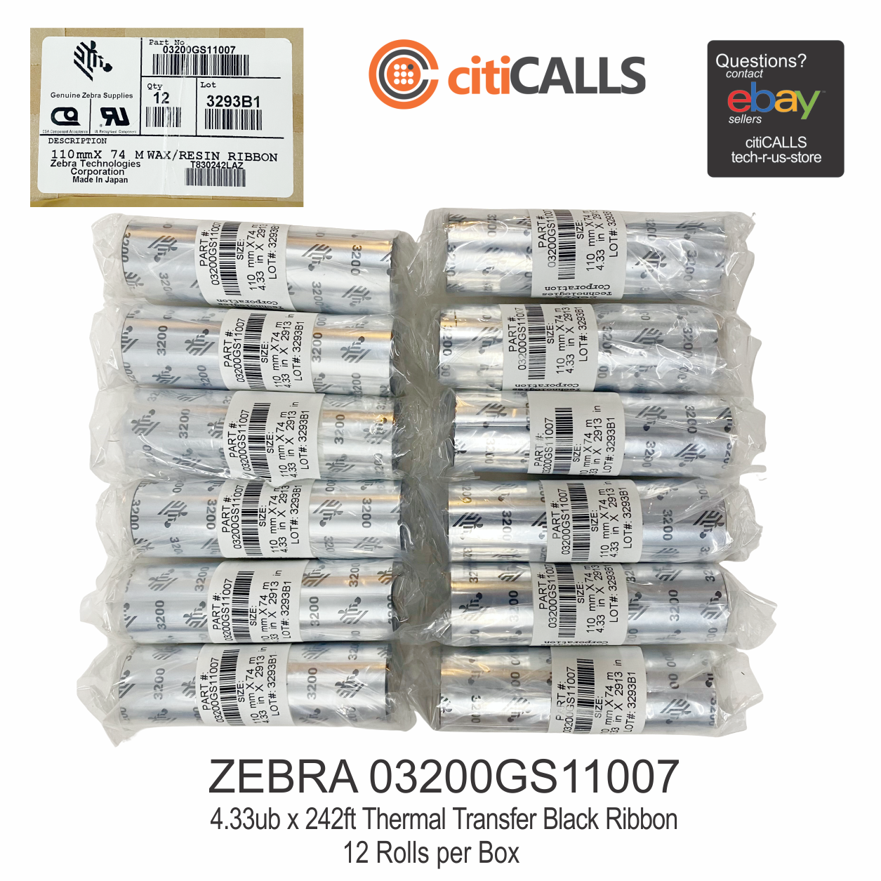 Zebra 03200GS11007 Wax Resin High Perf Resin Ribbon 4.33inx242ft 3200 12 Rolls