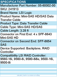LSI Logic 05-60002-00 Cable - Broadcom x8 SFF-8654 to 2x4 SFF-8643 SMC 1M White