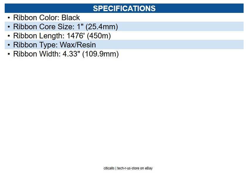 Zebra 06100BK11045 6100 Wax Resin Ribbon Black - 4.33" X 1476Ft. 6 Rolls / Case
