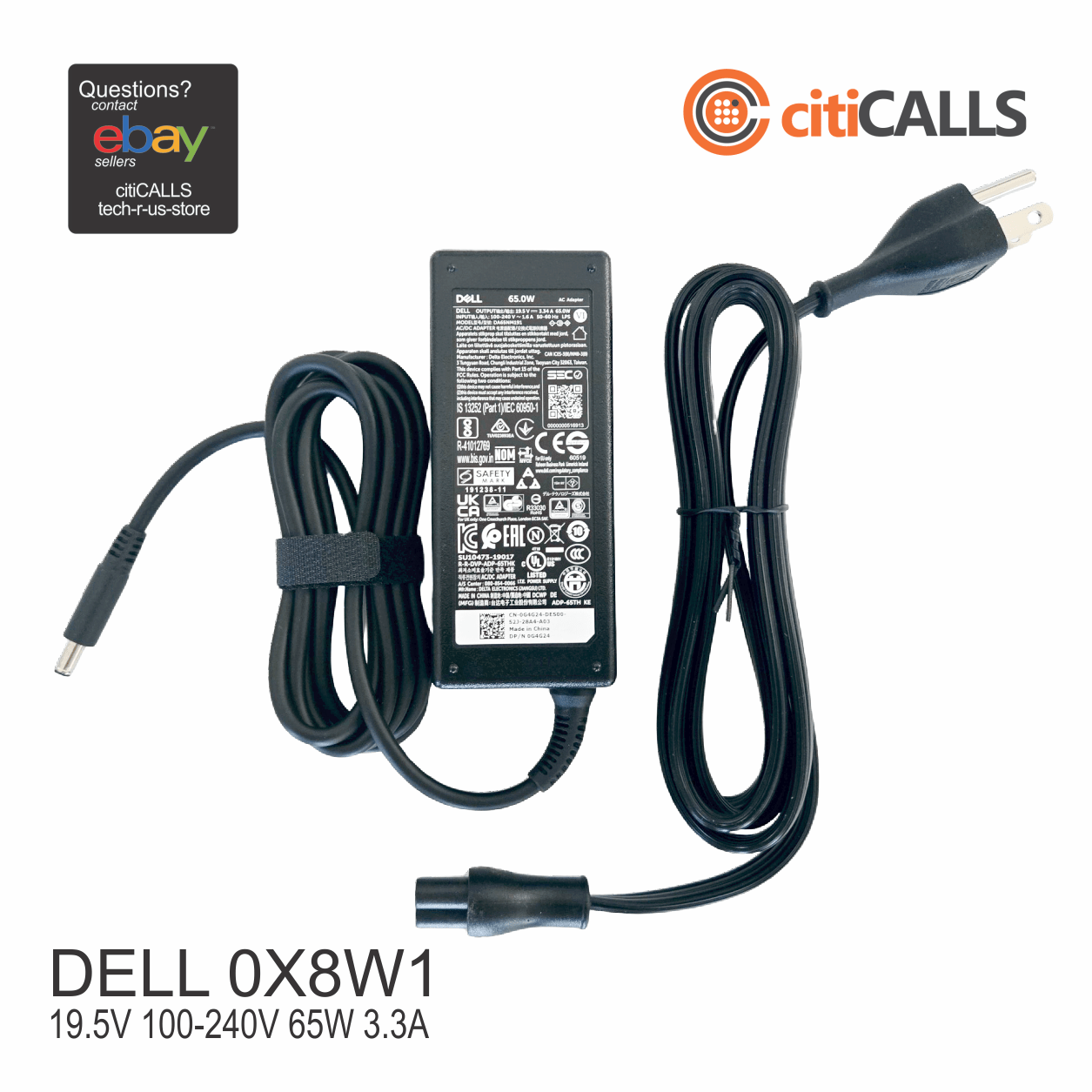 Dell 0X8W1 65W AC ADAPTER 19.5V 100-240V 65W 3.3A Black w Power Cable