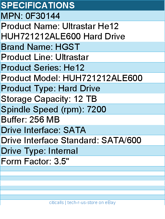 HGST 0F30144 Ultrastar He12 HUH721212ALE600 12 TB Hard Drive - 3.5" Internal