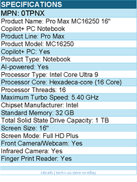 Dell 0TPNX Pro Max MC16250 16" Copilot+ PC Notebook - Intel Core Ultra 9