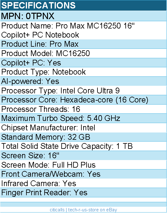 Dell 0TPNX Pro Max MC16250 16" Copilot+ PC Notebook - Intel Core Ultra 9