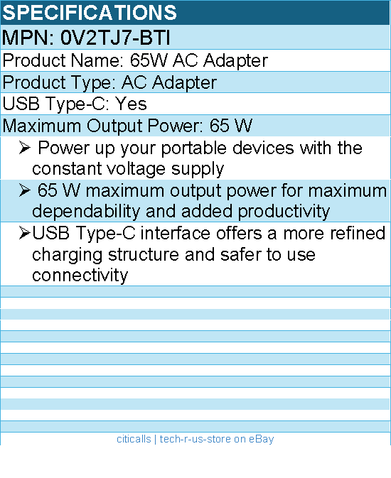 BTI 0V2TJ7-BTI 65W TYPE-C AC ADAPTER - Compatible OEM: 0V2TJ7