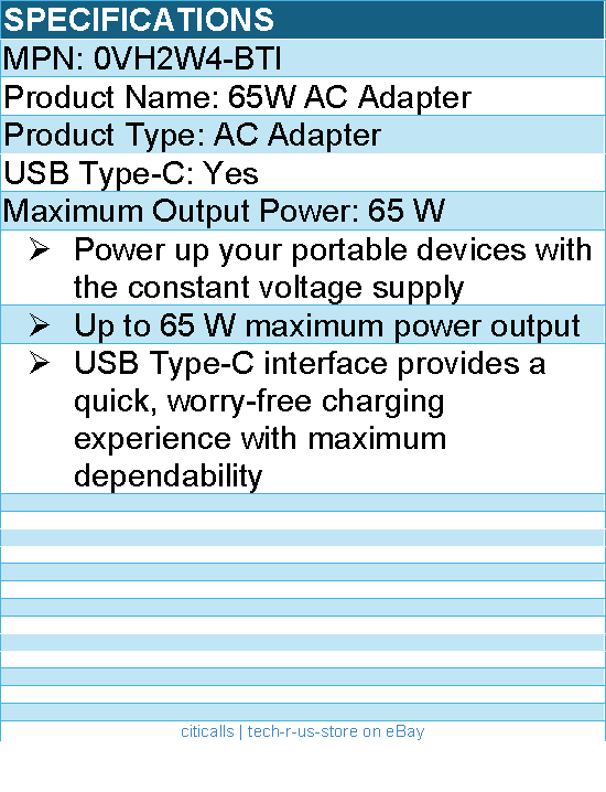 BTI 0VH2W4-BTI 65W TYPE-C AC ADAPTER - Compatible OEM: 0VH2W4