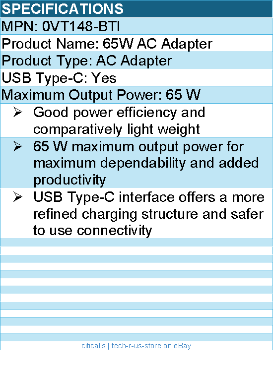 BTI 0VT148-BTI 65W TYPE-C AC ADAPTER - Compatible OEM: 0VT148