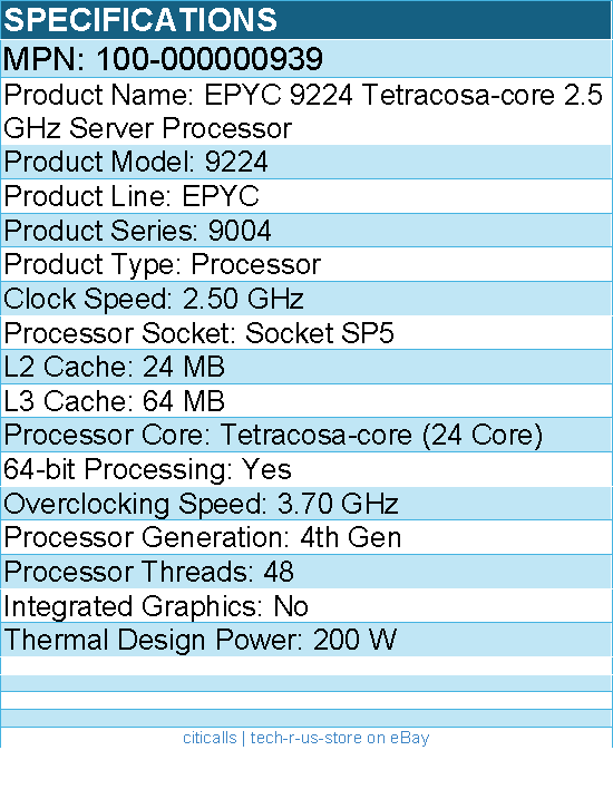 AMD 100-000000939 EPYC 9004 (4th Gen) 9224 Tetracosa-core - 2.50 GHz Processor