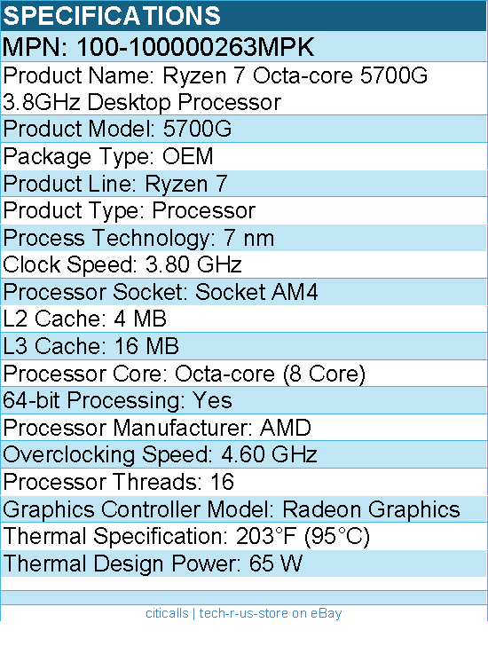 AMD 100-100000263MPK Ryzen 7 5700G Octa-core (8 Core) 3.80 GHz Processor