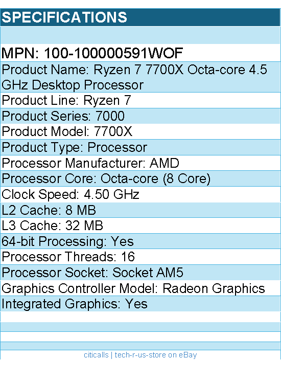 AMD 100-100000591WOF Ryzen 7 7000 7700X Octa-core - 4.50 GHz Processor
