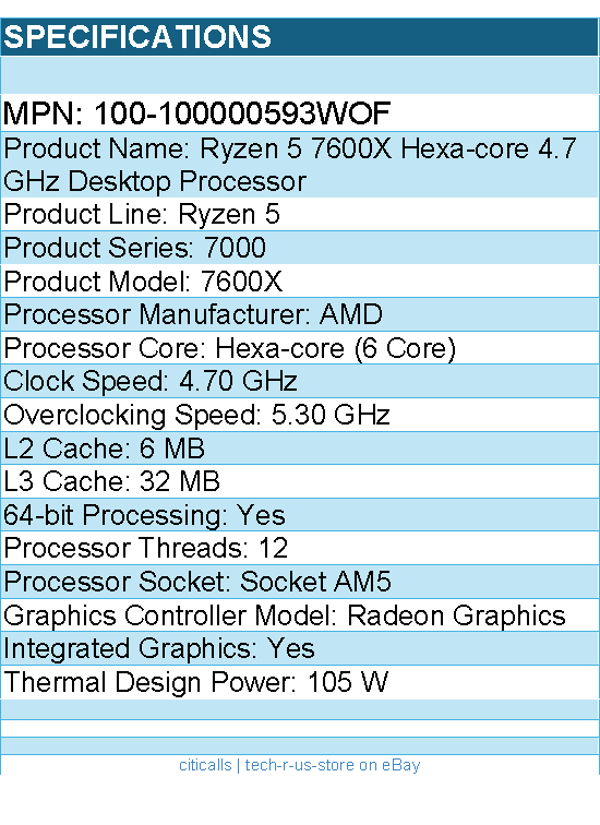 AMD 100-100000593WOF Ryzen 5 7000 7600X Hexa-core - 4.70 GHz Processor