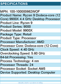 AMD 100-100000662WOF Ryzen 9 9000 9900X Dodeca-core -  4.40 GHz Processor