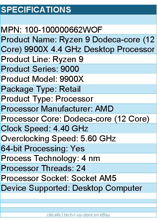 AMD 100-100000662WOF Ryzen 9 9000 9900X Dodeca-core -  4.40 GHz Processor